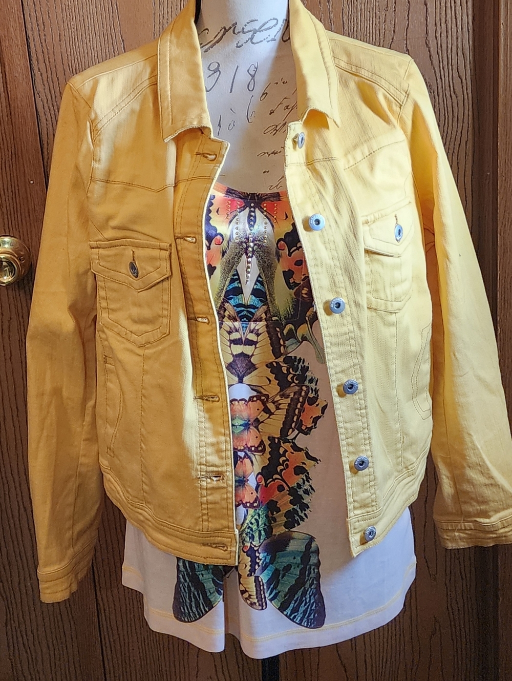 Women’s Yellow Denim Jean Jacket - with Matching Shirt. Butterflies and Bling.